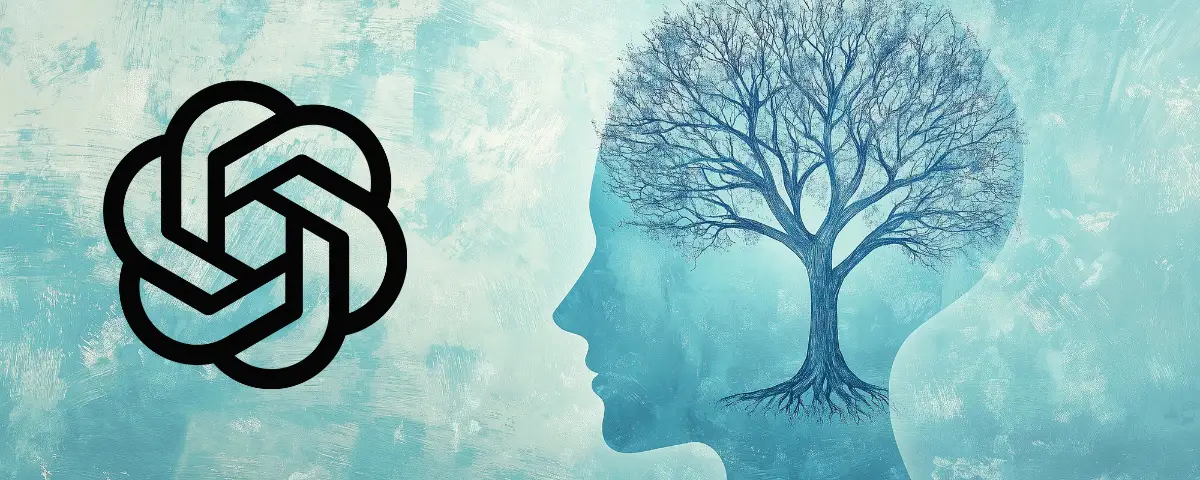 OpenAI logo next to a human head silhouette with a tree inside representing thoughts and mental health, used with MentalHealthBench announcement.