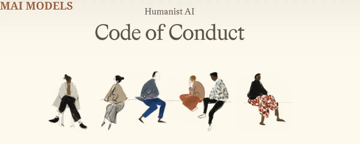 Cover of Microsoft AI Humanist AI Code of Conduct for MAI models showing the title and illustrated people.