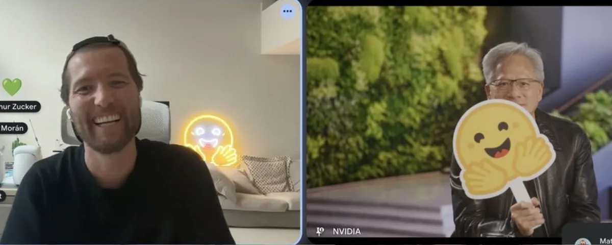Left frame potrait of Hugging Face co-founder Clement Delangue and right frame of Jensen Huang of NVIDIA