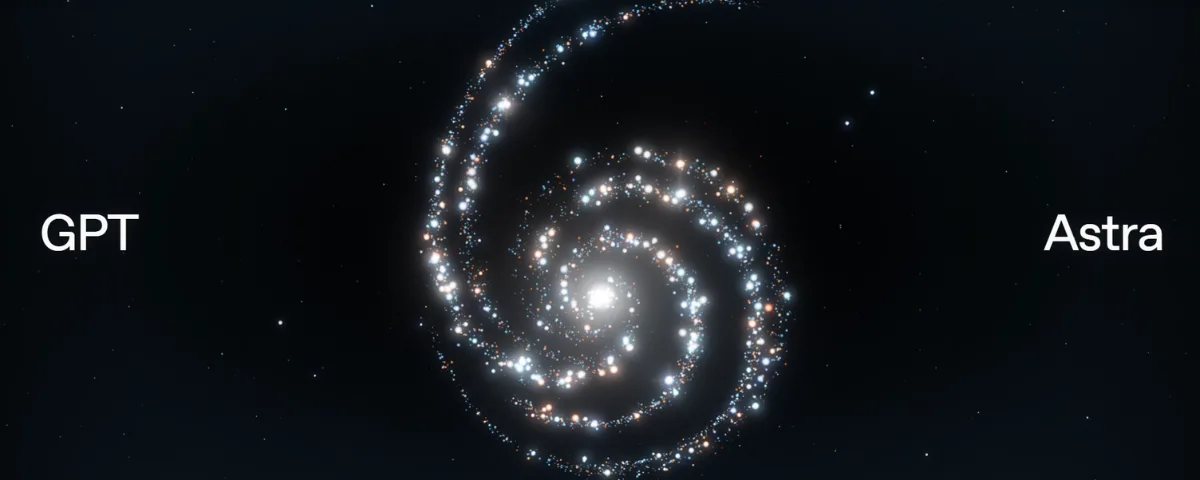 OpenAI GPT-6 Astra AI model represented by a glowing spiral of artificial intelligence particles