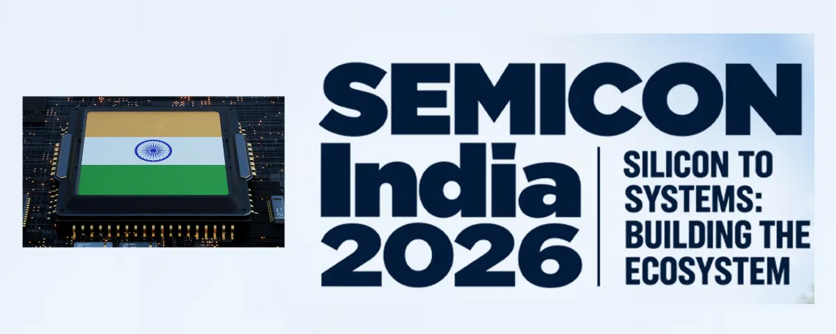 SEMICON India 2026 logo alongside an illustration of a semiconductor chip featuring the Indian flag.