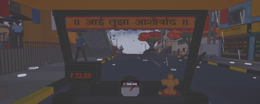 First-person view of a Mumbai street with an auto-rickshaw in the Gulmohar Local 3D world