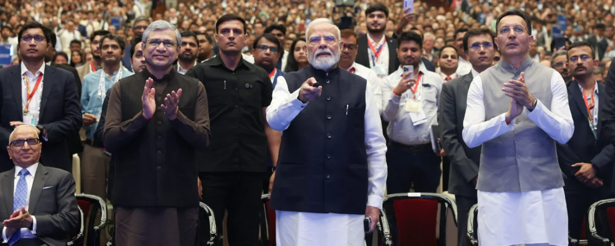 Indian prime minister addressing attendees at SEMICON India 2026 in New Delhi