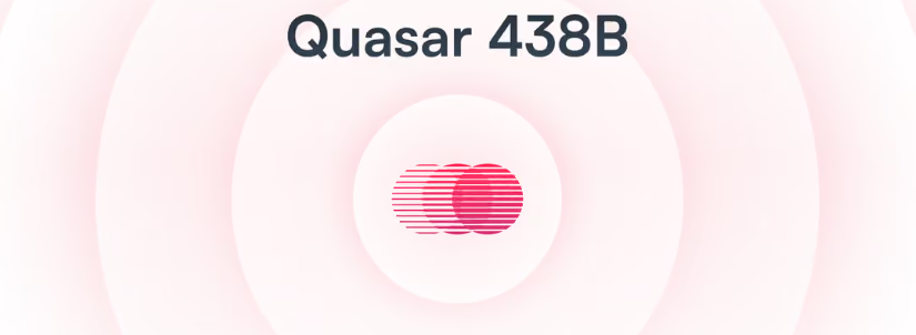 Quasar 438B logo displayed against a light abstract circular background.