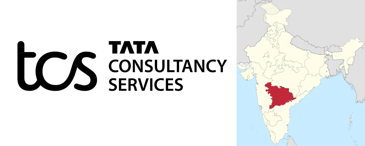 logo of Tata Consultancy Services and map of India with Hyderabad in spotlight red