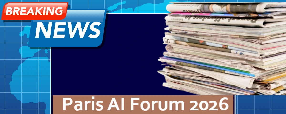 Paris AI Forum 2026 graphic featuring a stack of newspapers and a “Breaking News” banner