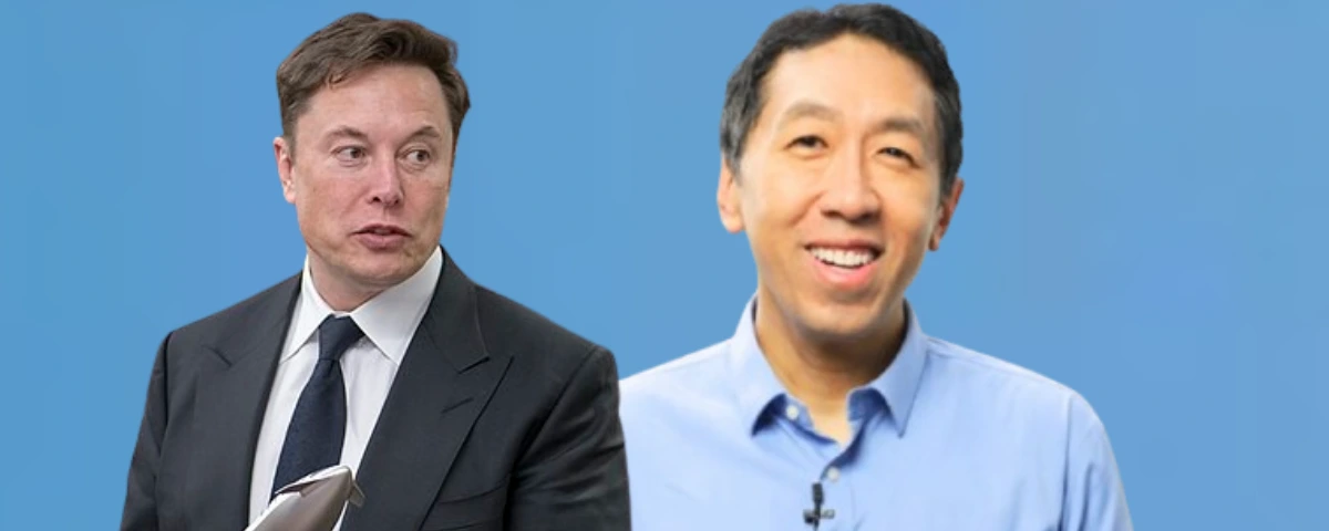 Elon Musk and Andrew Ng pictured in a graphic about AI risks and future capabilities.