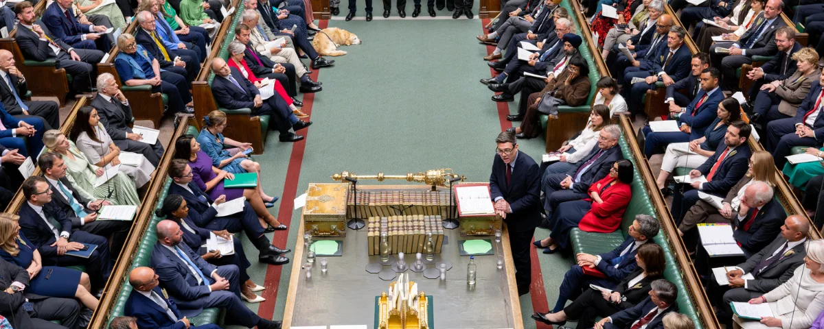UK House of Commons chamber as lawmakers debate legislation, including a bill seeking to prohibit the development of superintelligent AI.