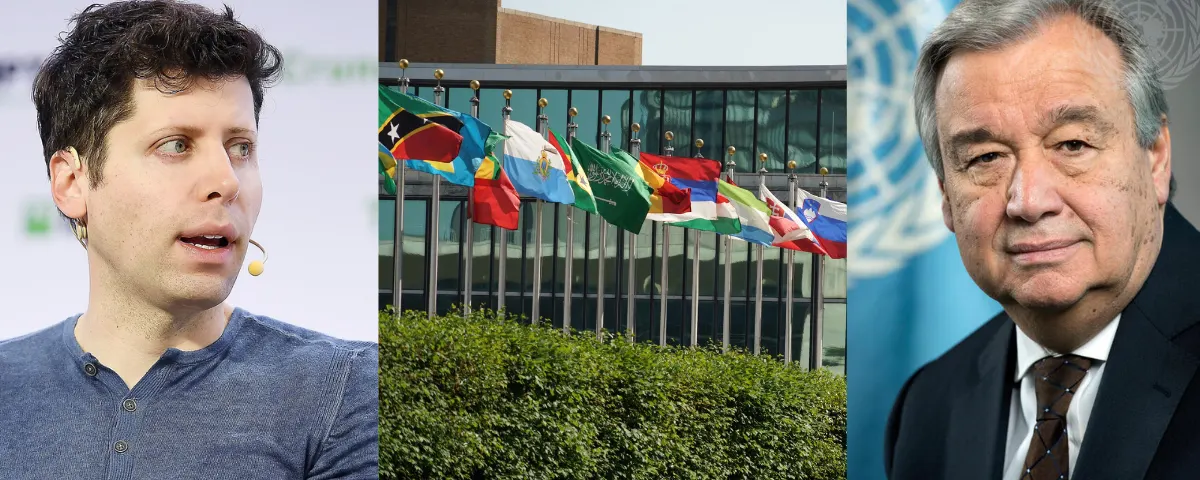 Left to right --mugshot of OpenAI CEO Sam Altman, representative picture of UN headquarters in New York and mugshot of UN Chief Antonia Guterres.