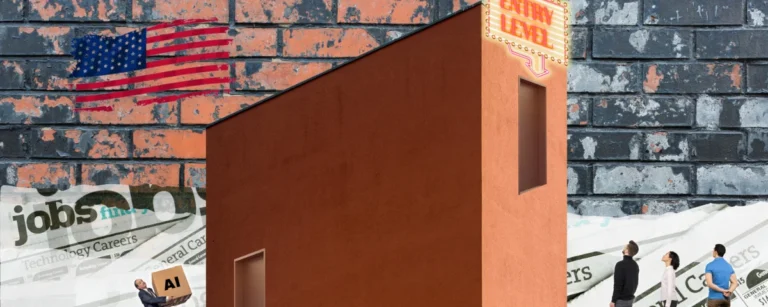 Illustration of an 'entry level' building with a figure carrying a box labelled AI, set against newspaper clippings reading 'jobs' and an American flag, symbolising AI's impact on entry-level employment in the US.