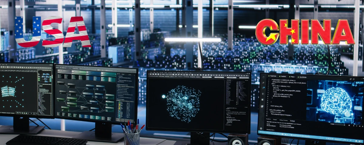 A futuristic AI data center with multiple computer monitors displaying artificial intelligence and network visualizations, overlaid with U.S. and China graphics representing competition in AI technology.