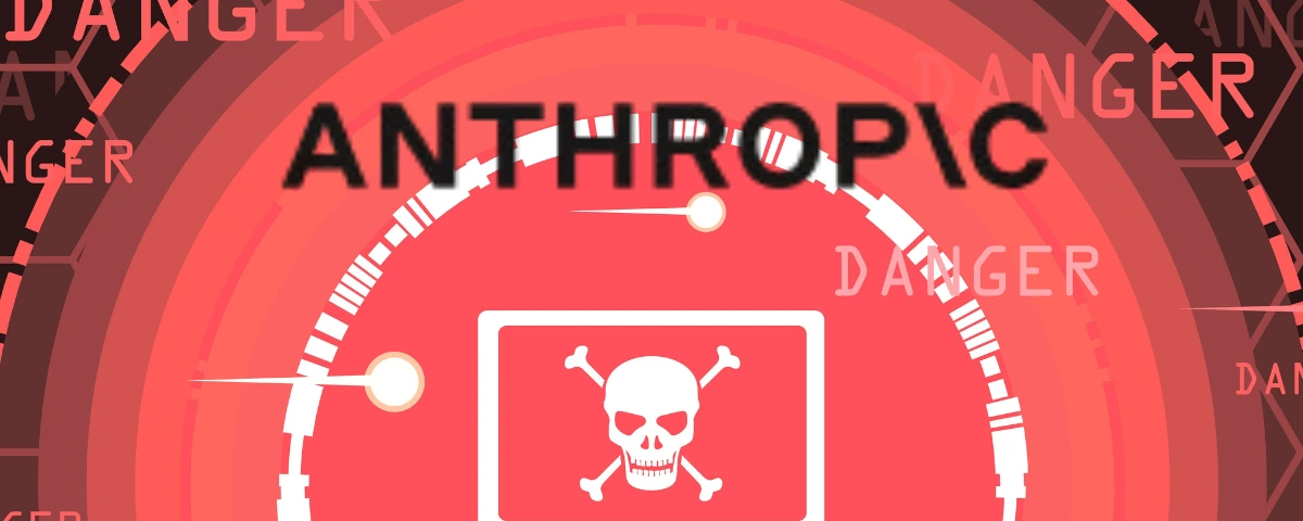Anthropic logo above a skull-and-crossbones symbol inside a red circular graphic, representing AI cybersecurity risks.