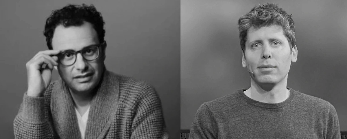 Black-and-white split image showing two male AI industry leaders, one wearing glasses and a jacket on the left and the other wearing a dark sweater on the right.