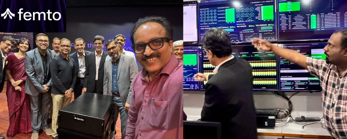 Collage showing the Vigyanlabs team posing beside the FEMTO AI system, a close-up of a man at the launch event, and engineers monitoring multiple screens displaying AI infrastructure and data centre performance metrics.
