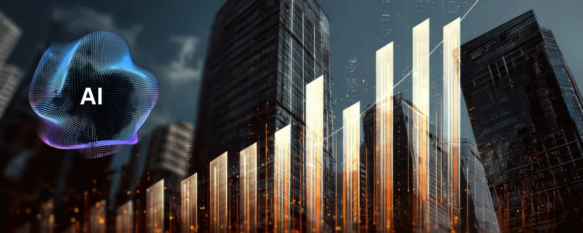 AI graphic showing rising investment bars against a city skyline, representing growth in global venture capital and R&D spending