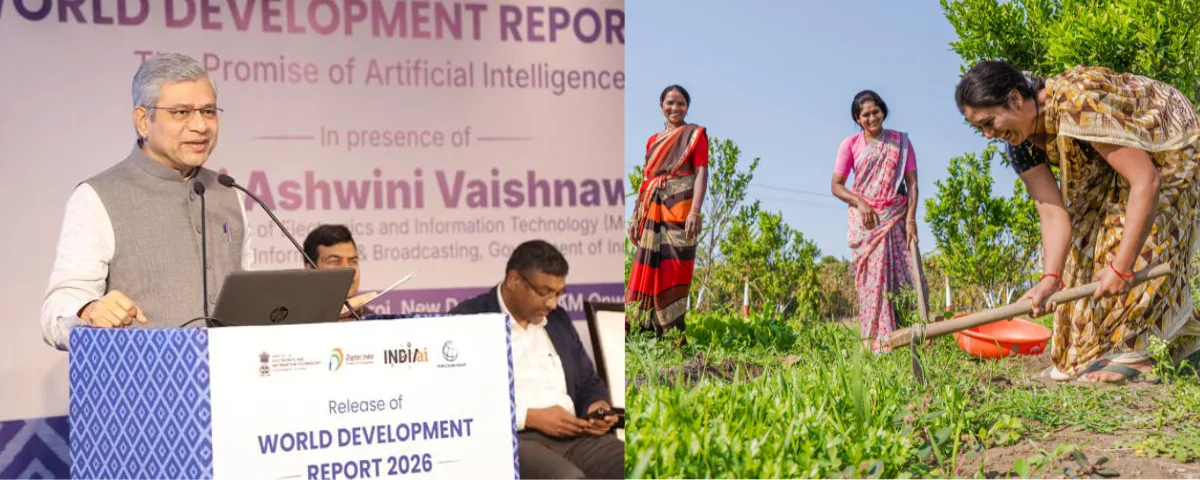 left frame India's IT Minister Ashwini Vaishnaw and right frame picture of indian women farmers at the farmland in India.