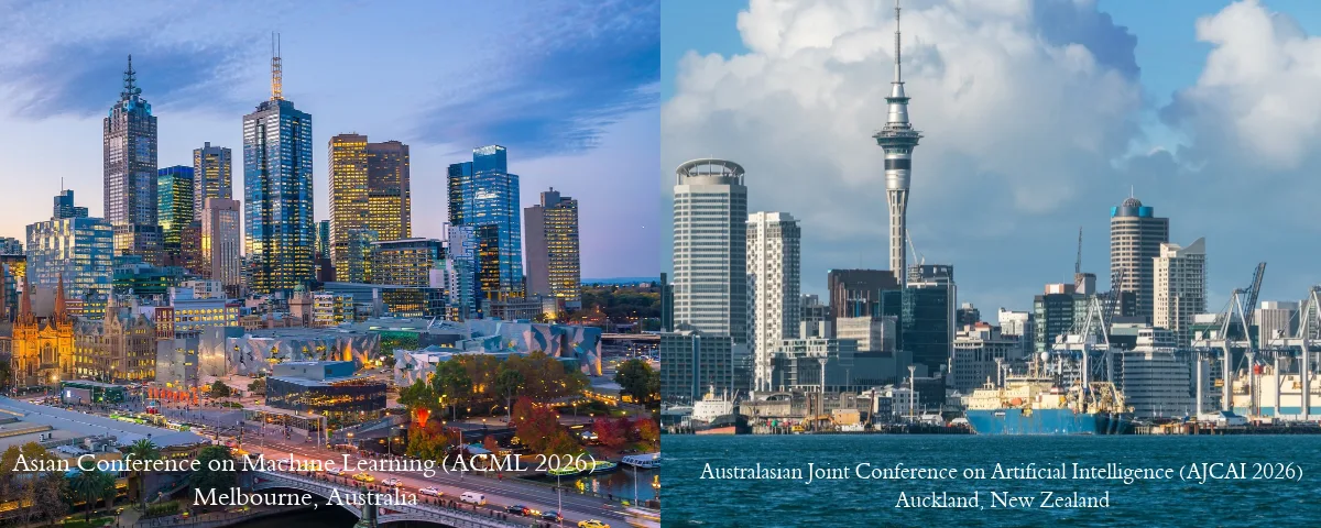 Melbourne skyline on the left and Auckland skyline on the right, the host cities for ACML 2026 and AJCAI 2026.