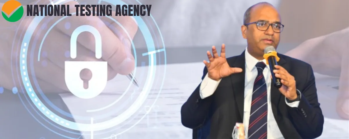 National Testing Agency logo with an official speaking alongside an illustration of a secure digital lock and NTA DG Abhishek Singh