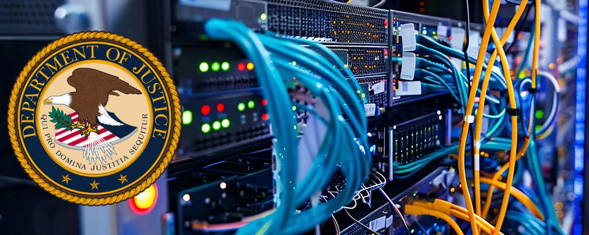 Computer servers and networking equipment with the US Department of Justice seal