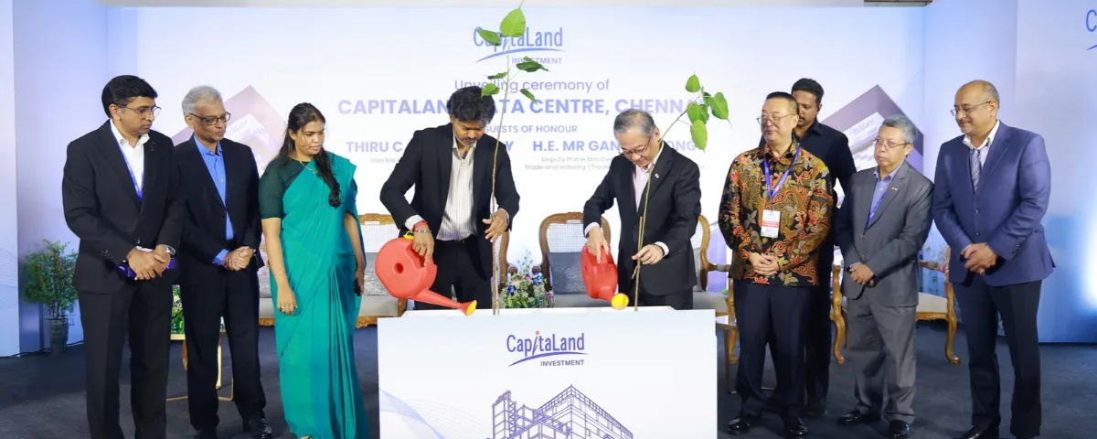 Tamil Nadu Chief Minister C. Joseph Vijay and Singapore Deputy Prime Minister Gan Kim Yong water plants at the inauguration of CapitaLand Data Centre Chennai 01 on Friday.