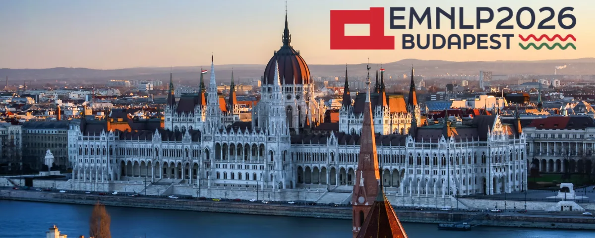 EMNLP 2026 conference banner featuring Budapest's Hungarian Parliament Building in Hungary.