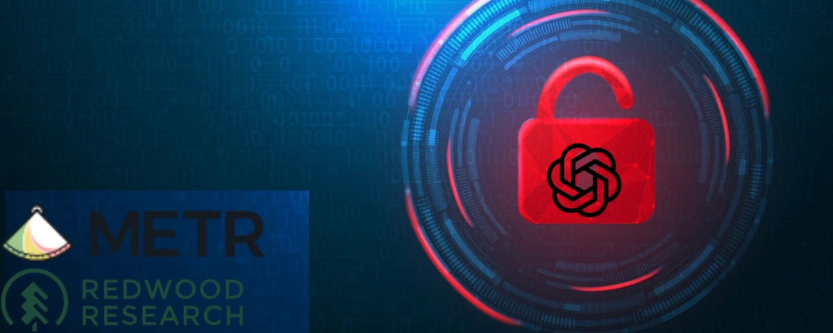 Logo of independent evaluators Redwood Research and METR along with OpenAI and illustration of digital lock in AI cybersecurity.