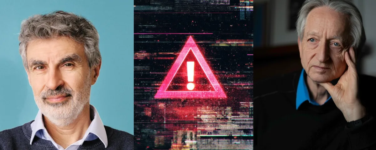 Geoffrey Hinton and Yoshua Bengio portraits alongside a warning symbol representing calls for international AI safety oversight.