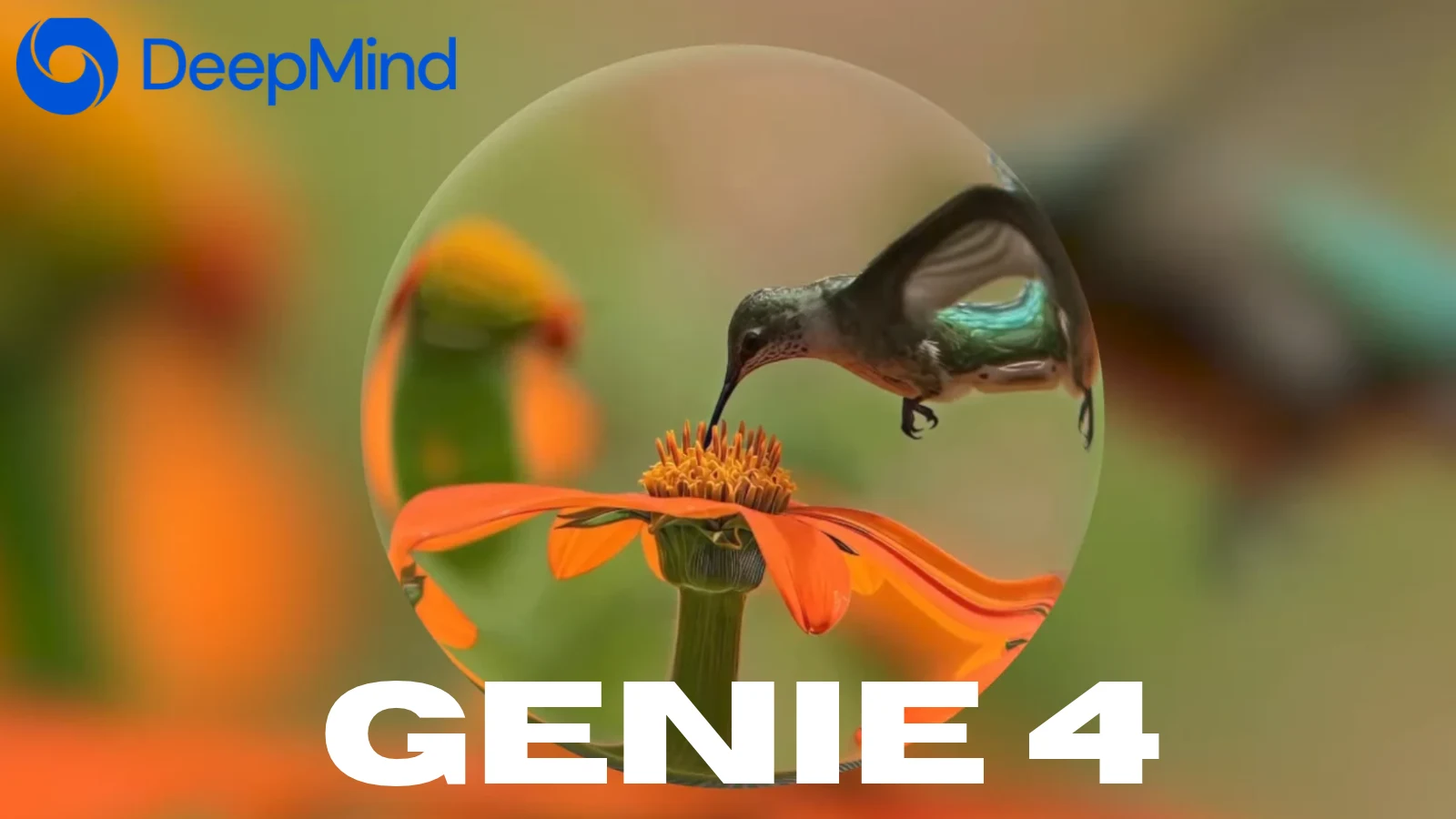Picture of a bird generated by Google Deepmind's latest world model Genie 4 that offers real time simulation. Logo of Google DeepMind and Genie 4 also written.