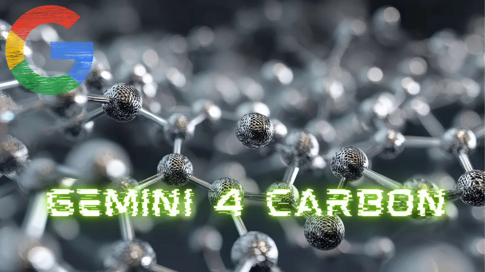Google Gemini 4 Carbon AI model illustrated with a molecular structure on a dark background.