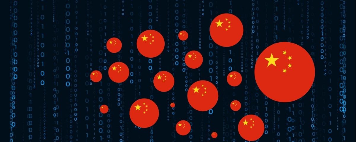 Digital illustration of the Chinese flag over binary code, representing an alleged AI-powered cyberattack targeting more than 100 companies.