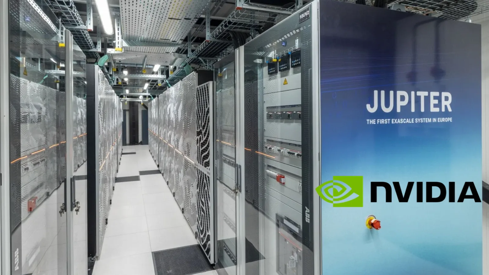 JUPITER supercomputer at Jülich Supercomputing Centre with NVIDIA branding, used for quantum computing simulations.