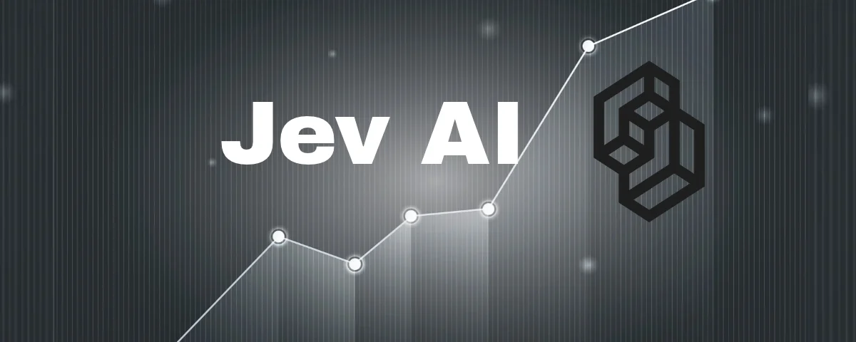 Jev AI logo alongside a rising line graph illustrating the model's rapid adoption.