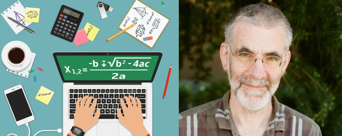 left: illustration of modern day mathematics learning using digital tools and AI. Right: a portrait of Professor Richard Borcherds, UC Berkeley Maths professor