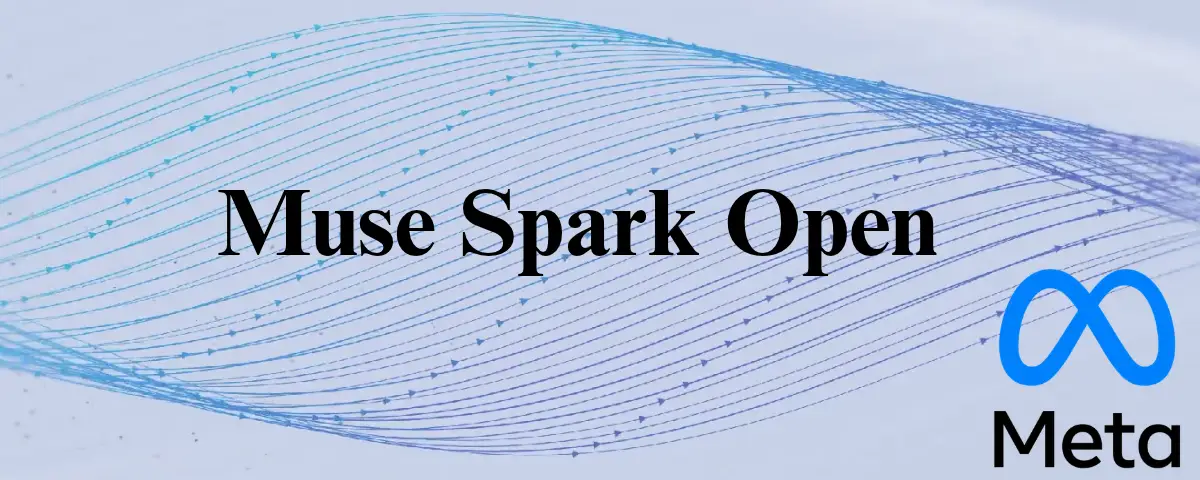 Meta Muse Spark Open AI model announcement graphic featuring the Meta logo and blue flowing lines.