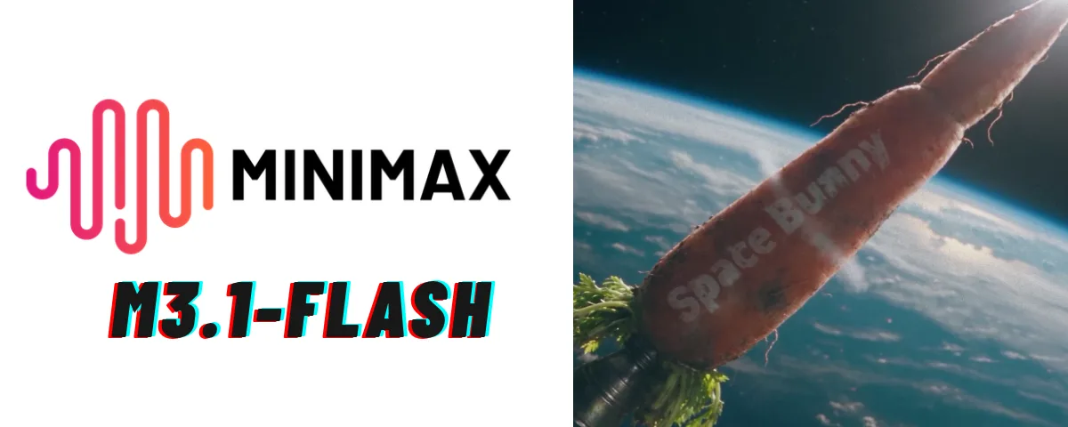 Logo of Chinese AI startup MiniMax latest AI model M3.1 -Flash and picture of a carrot with space bunny written over it in the background of planet earth.