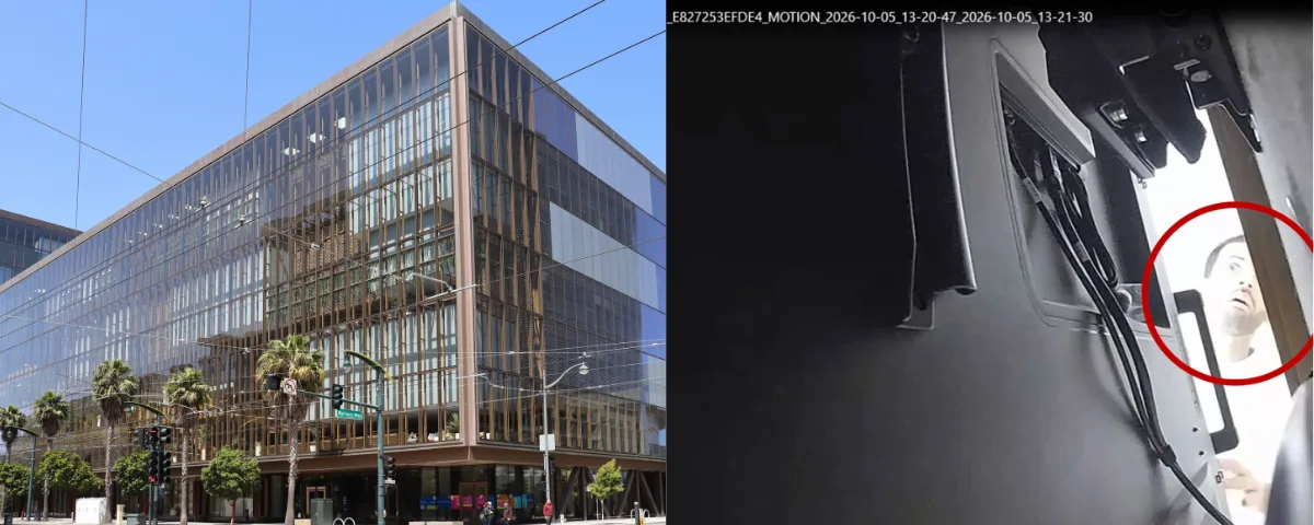 Left picture: OpenAI's headquarter building in San Francisco , USA. Credit: Wiki Commons Right: OpenAI Engineer Abdulrahman Alfozan face caught by CCTV camera looking at backside of a television in an executive conference room at OpenAI building in San Francisco. Credit: US Department of Justice