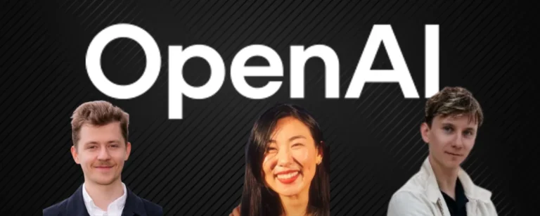 Portraits of three OpenAI safety researchers from left to right-Mikita Balesni Jasmine Wang and Tomek Korbak- and logo of openAI in background.