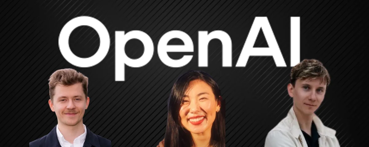 Portraits of three OpenAI safety researchers from left to right-Mikita Balesni Jasmine Wang and Tomek Korbak- and logo of openAI in background.