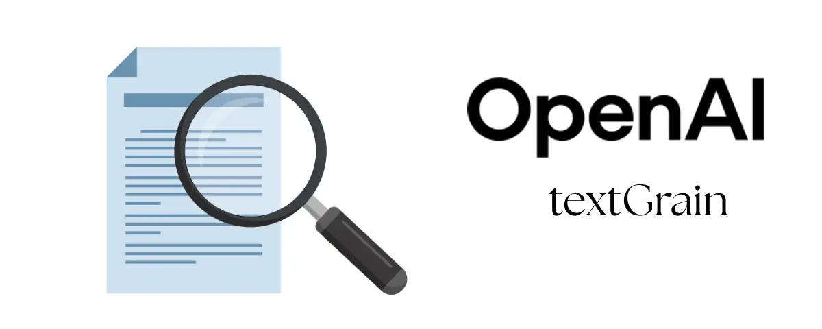 Visual of a magnifying glass over a text document and logo of OpenAI and AI text watermarking technique textGrain
