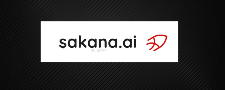 Sakana AI logo featuring black lettering and a red fish symbol on a white background.