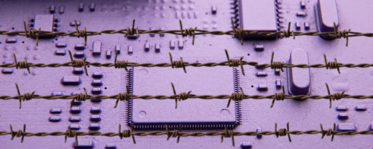 So How Do We Pause the AI Race-A New Paper Hints Towards Controlling the Chips That Power It. illustration of fencing over a representational electric circuit board showing regulations over AI chips by global bodies