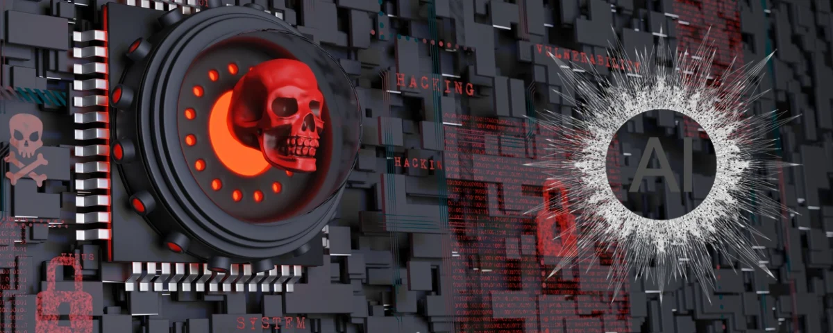 Illustration of a computer chip with a red skull symbol and digital security vulnerability graphics, representing potential AI misuse risks.