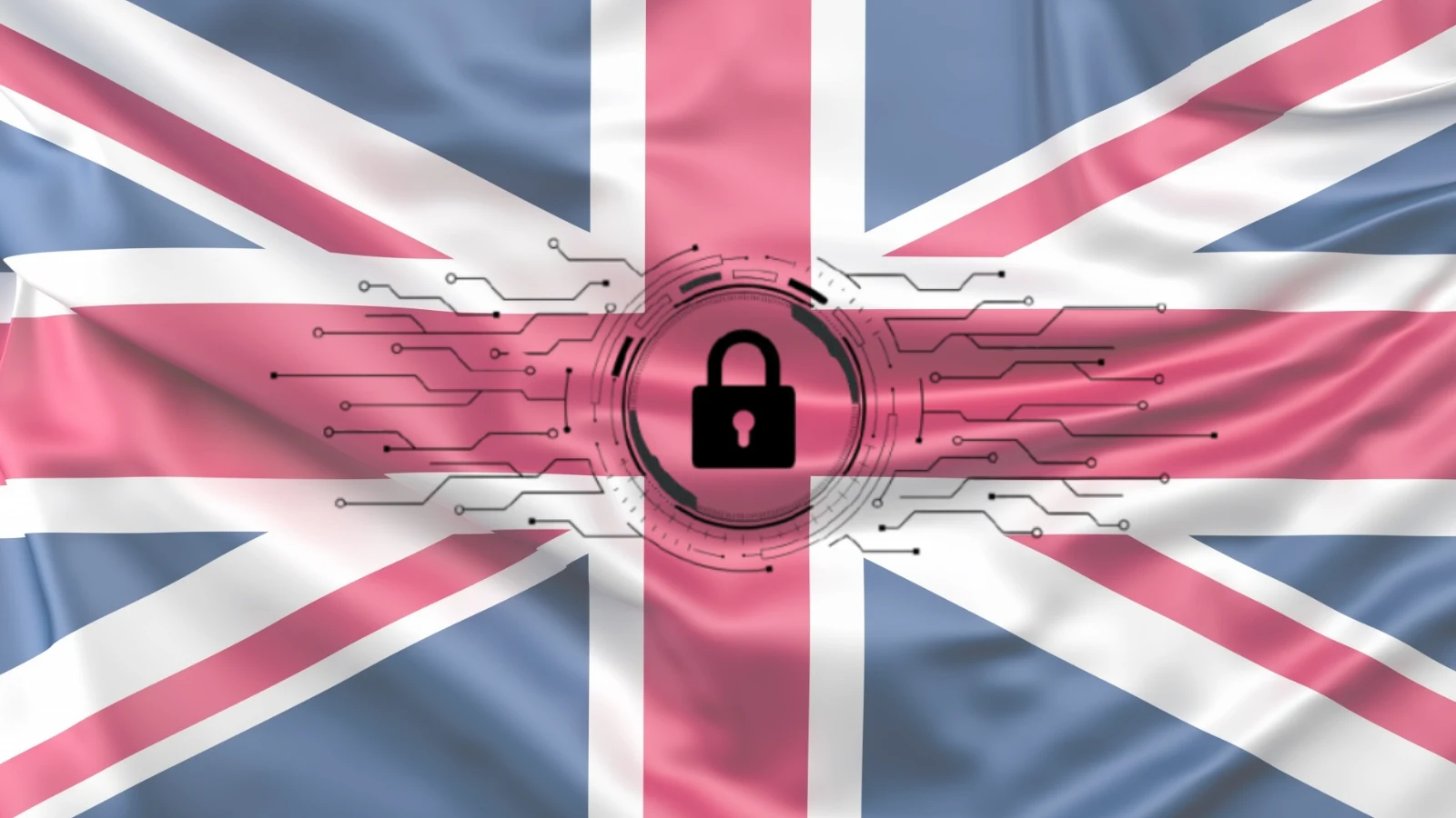 Union Jack flag overlaid with a digital circuit pattern and padlock symbol representing the UK’s AI security plans.