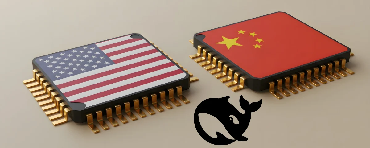 US and Chinese flags on AI microchips with DeepSeek logo illustrating the US government’s ban on DeepSeek in civilian federal agencies.