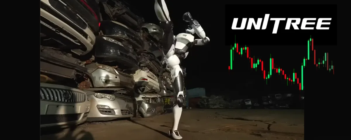 Unitree Robotics H2-X humanoid robot beside stacked cars and a stock market chart illustrating the company’s share price rally.