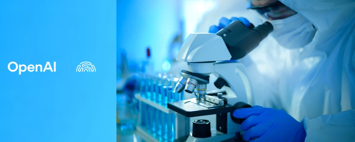 OpenAI-branded blue banner featuring a scientist using a microscope in a biotechnology laboratory.