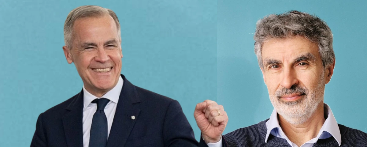 Two men in suits and formal attire pictured side by side against a blue background, both raising a fist.