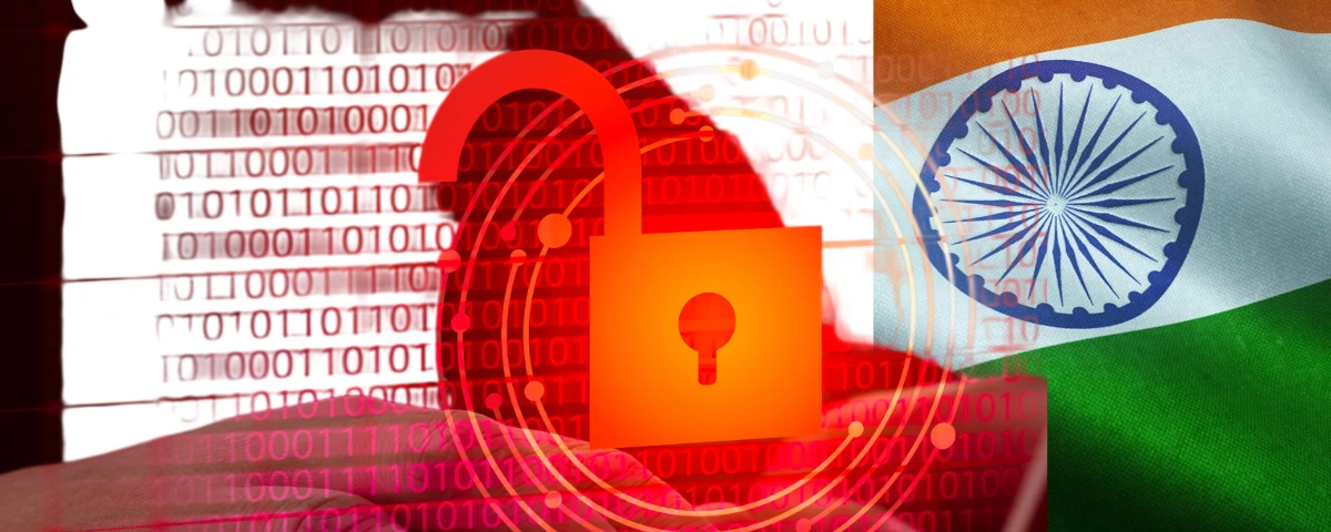 Cybersecurity graphic featuring a digital padlock, binary code and the Indian national flag.