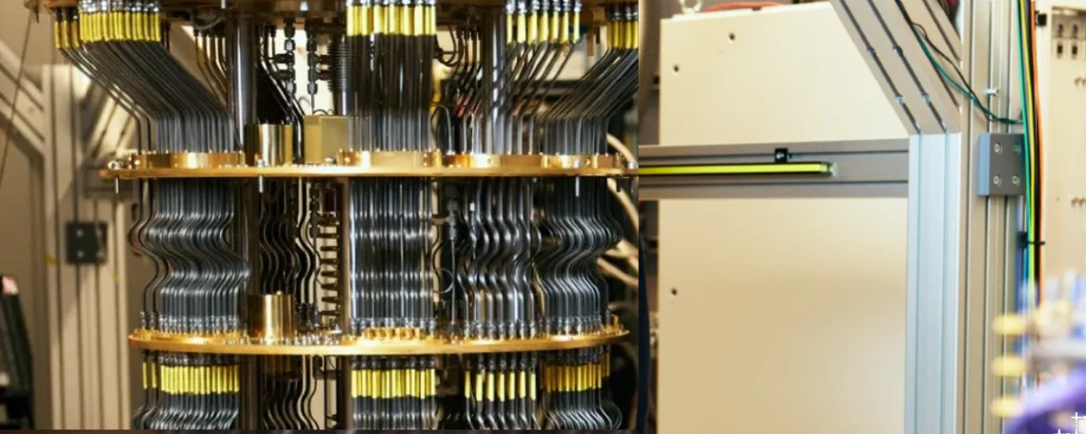 Google’s quantum computing hardware featuring an array of metal cables and components inside a laboratory system.
