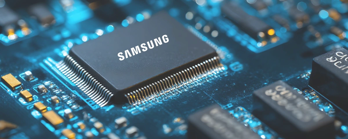 Samsung semiconductor chip mounted on a blue circuit board.